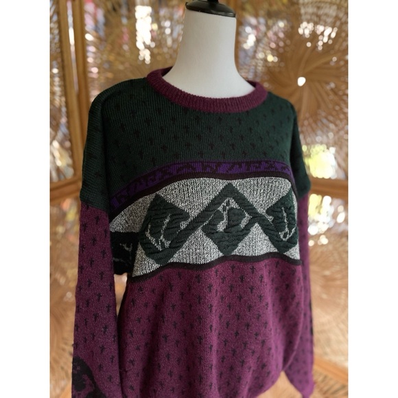 Vintage Nuovo New Forces Retro 80s 90s Acrylic Wool Golf Sweater Maroon Green - Picture 1 of 9